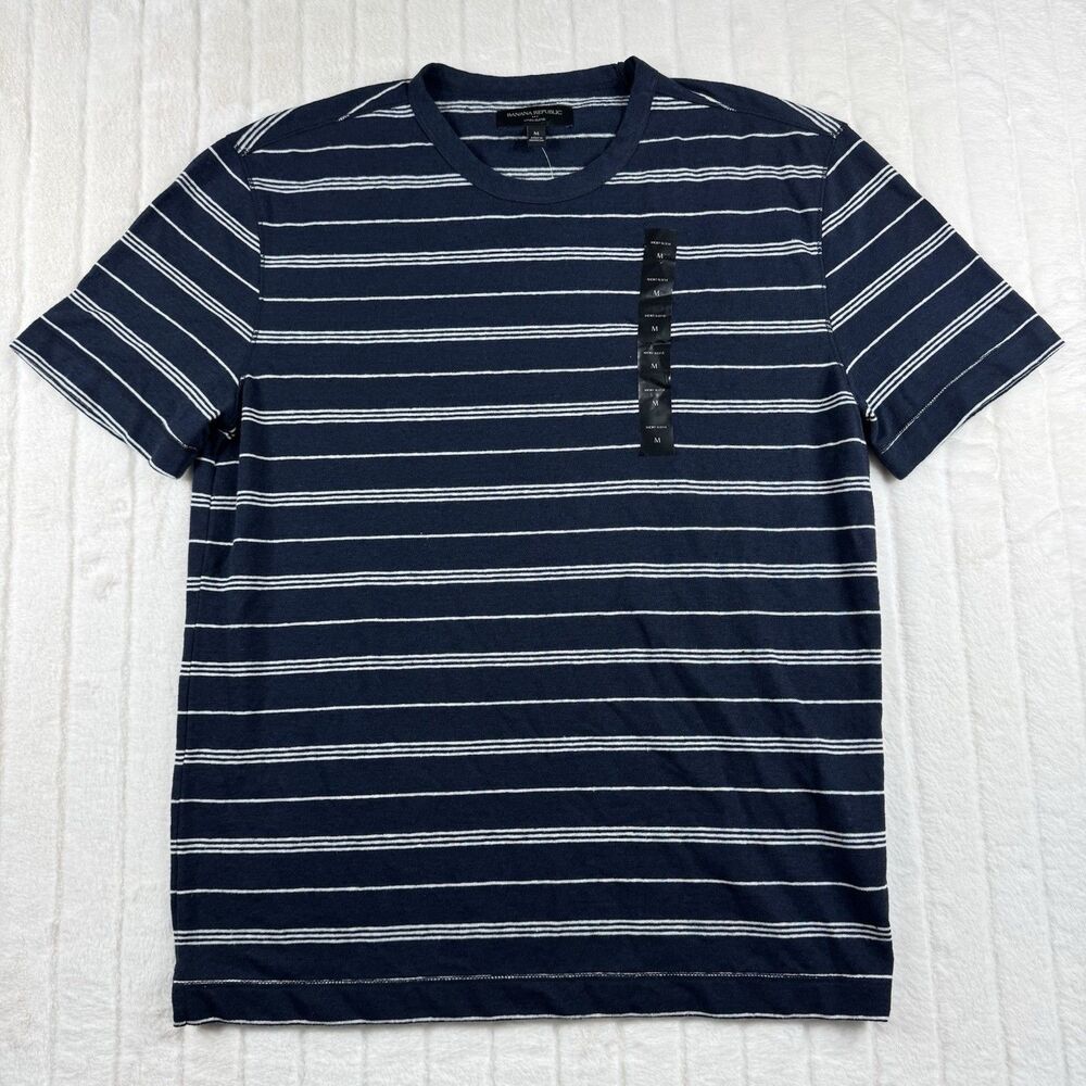 NWT Banana Republic Linen Blend T-Shirt Men's M Navy Stripe Crew Neck Comfort